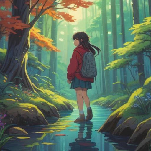 A serene and introspective scene depicting a single person in nature, surrounded by soft light and gentle colors, reflecting on life choices, symbols of freedom and self-discovery, a peaceful setting with trees and a flowing river, capturing the essence of a child-free and single lifestyle with spiritual overtones, personal growth and inner peace, 4k