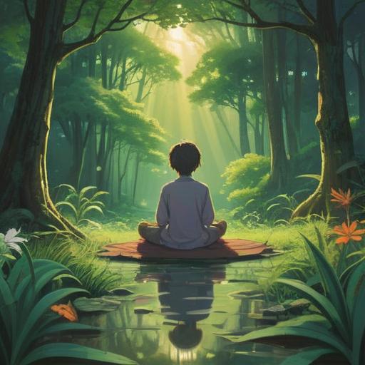 A serene and contemplative scene, a person meditating alone in a peaceful environment, surrounded by nature, gentle sunlight filtering through the trees, symbols of spirituality around, such as floating orbs or subtle auras, an atmosphere of introspection and mindfulness, signs of personal growth and self-awareness, soft color palette, tranquil setting.