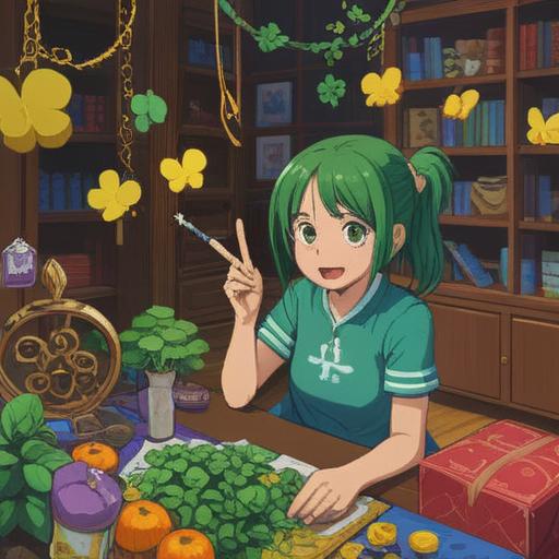 A cheerful illustration of a single person enjoying their life, surrounded by lucky items like a four-leaf clover, horseshoe, and lucky cat, bright colors, cozy home environment, smiling character, elements of freedom and happiness, showcasing independence and personal growth, 4k