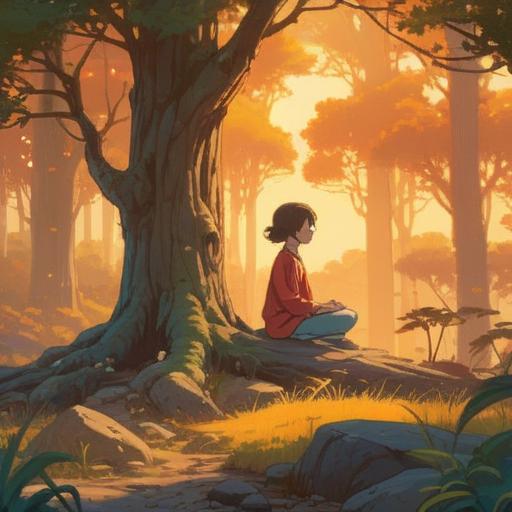 A serene landscape depicting solitude, a lone figure meditating in a tranquil setting, soft golden light filtering through trees, symbolizing spiritual introspection, gentle flowing river nearby, surrounded by nature's beauty, peaceful atmosphere, reflections of self-discovery, uplifting vibes, 4k