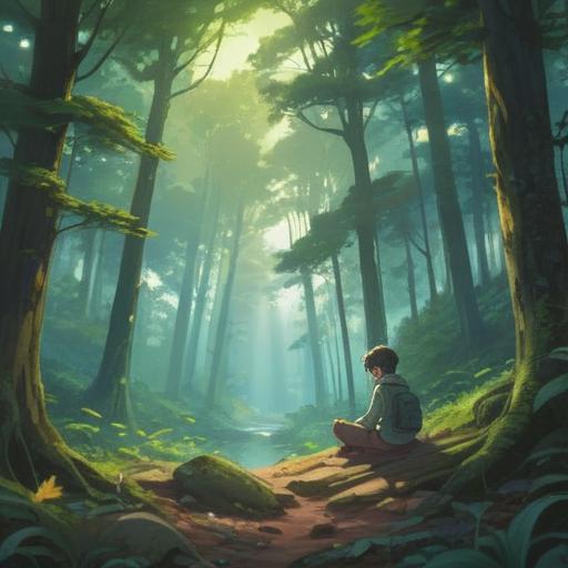 A serene and introspective scene depicting a lone individual sitting peacefully in a tranquil forest, surrounded by soft, dappled sunlight filtering through the leaves, a gentle breeze causing the leaves to rustle, the person meditating with a calm expression, symbols of spirituality like floating orbs or subtle auras emanating around them, nature in harmony, a sense of inner peace and connection to the universe, vibrant and earthy colors, 4k