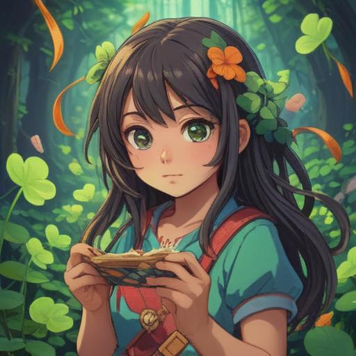 A vibrant and joyful scene depicting a single person engaging in positive activities, surrounded by symbols of luck such as four-leaf clovers and lucky charms, a cozy and inviting home environment, bright sunlight pouring through the window, an engaging book on the table, colorful plants in the background, a sense of happiness and fulfillment, 4k