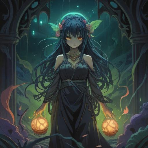 A mystical representation of a toxic maternal figure, dark and ethereal ambiance, symbolic elements depicting emotional entrapment, intricate details of a shadowy mother figure intertwined with spiritual motifs, contrasting light and darkness, imagery reflecting complex familial relationships, deep emotional resonance, surreal atmosphere, 4k