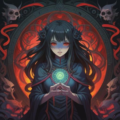 A hauntingly beautiful illustration, depicting a dark, twisted mother figure surrounded by spiritual symbols, shadows enveloping her form, a child looking helplessly at her with wide eyes, ethereal and ominous energy radiating, unsettling atmosphere, intricate details in the background suggesting a chaotic spiritual realm, surreal elements emphasizing the negative influence, 4k