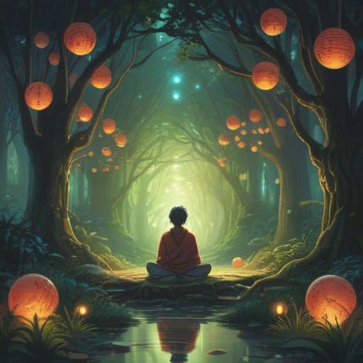 A serene and enlightening pathway, lined with trees and glowing orbs of light, a figure meditating in the center, surrounded by vibrant energy flows, symbolic elements representing spiritual growth, a tranquil atmosphere, nature's beauty intertwined with mystical symbols, soft sunlight filtering through leaves, inviting and harmonious, 4k
