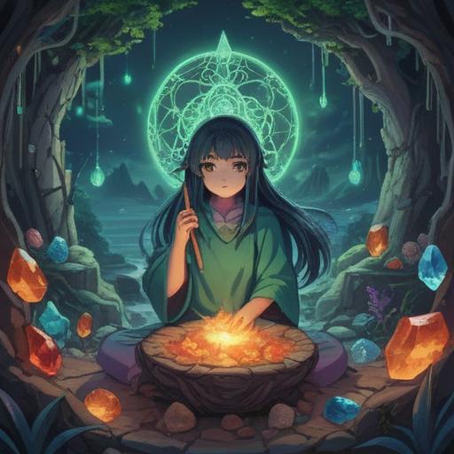 A serene and harmonious illustration of spiritual items that help balance the mind, various crystals and stones emitting calming energies, an intricately designed mandala in the background, gentle light illuminating the scene, a tranquil setting with soft greenery and peaceful water features, an aura of peace and mindfulness, 4k