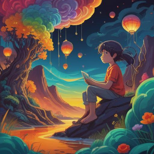 A surreal scene depicting a person daydreaming, vibrant colors swirling around, metaphoric imagery illustrating thoughts and memories, lucky charms glowing softly, gentle breeze, whimsical atmosphere, soft focus on the character's expression, 4k