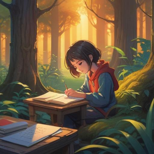 A thoughtful scene depicting a person writing heartfelt letters, warm sunlight filtering through trees, serene atmosphere, surrounded by nature, soft focus on the paper and pen, gentle expressions, conveying deep emotions, tranquil environment, 4k