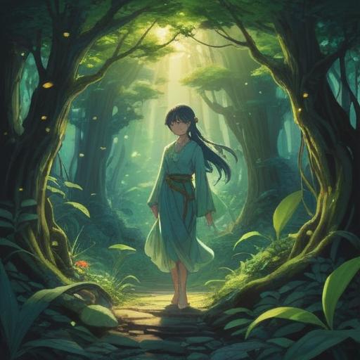 A serene and elevated spiritual scene, depicting a radiant figure surrounded by ethereal light, symbolizing high virtue and enlightenment, lush greenery in the background, soft flowing garments, calm and peaceful expressions, harmonious energy, inspiring atmosphere, 4k