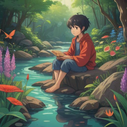 A serene illustration of a person practicing mindfulness in nature, surrounded by blooming flowers and gentle streams, performing kind deeds for others, symbolizing good karma and positive energy, peaceful expression, harmonious environment, vibrant colors, uplifting atmosphere, 4k