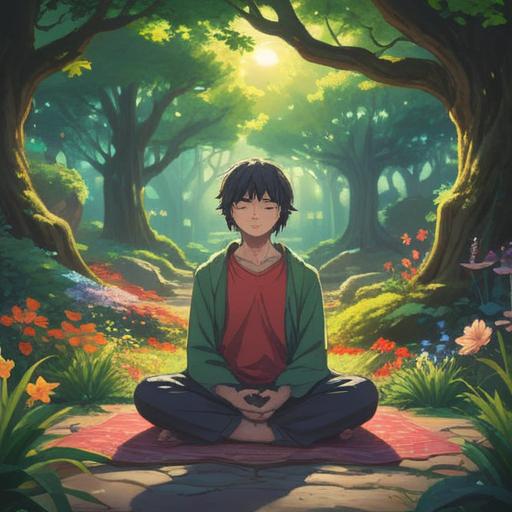 A serene scene of a person meditating in a tranquil park, surrounded by trees and flowers, soft sunlight filtering through the leaves, a peaceful expression on their face, small birds perched nearby, subtle hints of mindfulness activities like journaling and yoga mats, an atmosphere of calm and reflection, fostering personal growth and virtue, 4k
