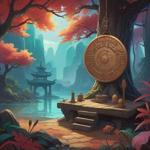 A serene landscape featuring a gong softly resonating in a tranquil setting, mystical aura surrounding the gong, vibrant colors reflecting peace and harmony, nature elements like trees and a flowing river, hazy sunlight filtering through, embodying spiritual awakening and meditation, 4k