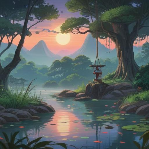 A serene landscape with a traditional gong resonating in the foreground, gentle ripples in a nearby pond, ethereal light filtering through lush trees, symbolic elements like vibrant lotus flowers and soft clouds, a sense of peace and spiritual awakening, harmonious color palette, 4k