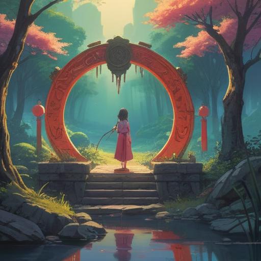 A serene moment captured in a tranquil landscape, a large gong resonating softly in the background, ethereal light illuminating the scene, a figure in meditation, surrounded by nature, symbols of spirituality represented through flora and fauna, calming colors, mystical atmosphere, inviting reflection, 4k