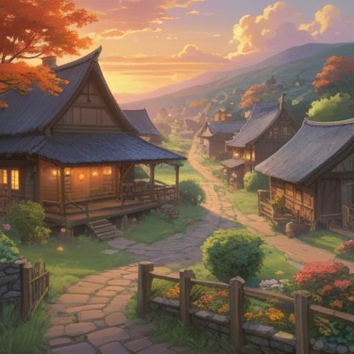A serene scene of a peaceful village at dawn, soft golden light illuminating the surroundings, a distant copper gong resonating in the air, villagers gathering with hopeful expressions, the concept of luck represented by shining numbers floating in the sky, harmony and tranquility, lush greenery in the background, 4k