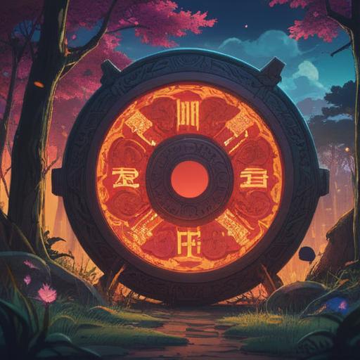 A mystical scene depicting the sound of a gong resonating through a serene landscape, a large, ornate gong in the foreground, numbers floating in the air representing lucky numbers, colorful light beams emanating from the gong, a tranquil forest setting with gentle streams, ethereal atmosphere, harmonious blend of sound and sight, 4k