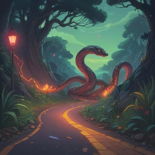 A snake appearing on a road, symbolizing spiritual significance, a serene landscape, mystical lighting, subtle colors, sense of transformation, nature and spirituality intertwined, reflective mood, capturing the essence of guidance, 4k