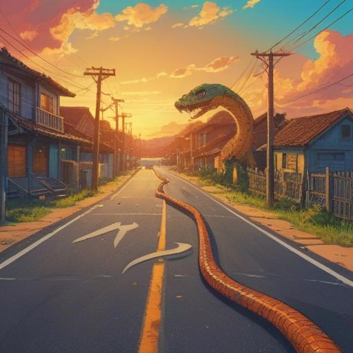 A spiritual scene depicting a snake on the road, vibrant colors, sunny day with clear skies, symbolizing transformation and good fortune, lush green surroundings, serene atmosphere, gentle sunlight glistening on the snake's scales, inviting and uplifting energy, 4k
