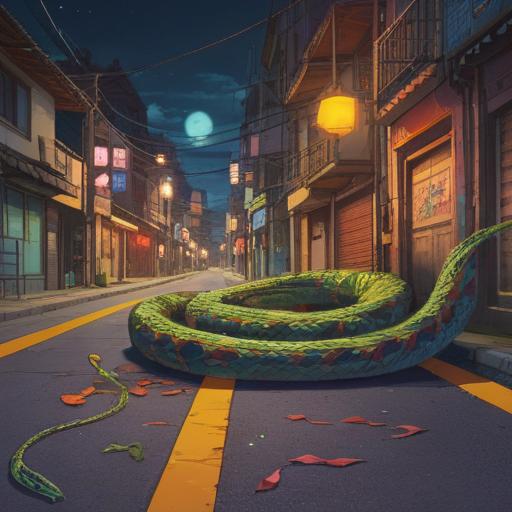 A sudden appearance of a snake on the road, symbolizing a spiritual warning, vibrant colors, detailed depiction of the snake with intricate patterns, a serene landscape in the background, a calm road surrounded by nature, subtle light filtering through the trees, a sense of caution and awareness, 4k