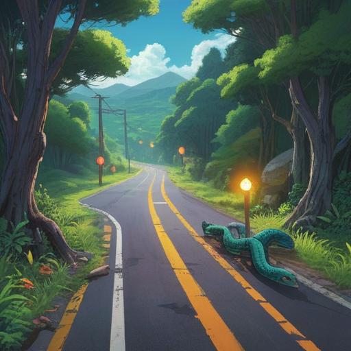 A vibrant roadside scene featuring a snake crossing a winding road, symbolizing good fortune, lush greenery surrounding the road, a clear blue sky above, sunlight filtering through the leaves, highlighting the snake's scales, mystical aura, travelers pausing to observe, sense of wonder and curiosity, 4k