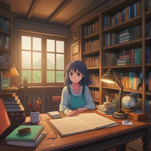 A cozy study room filled with books, a wooden desk cluttered with papers and stationery, a warm cup of tea on the desk, sunlight streaming through a window, a comfortable chair inviting to relax, notes scattered around, soft and inviting ambiance, organized chaos, 4k