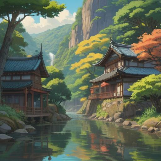 A reflective journey through Doto region, serene landscapes, lush greenery, quiet riversides, traditional Japanese houses, warm sunlight filtering through trees, moments of tranquility and self-discovery, rich emotional depth, peaceful atmosphere, vibrant colors, 4k