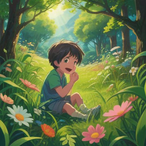A serene illustration of a child playing in a lush, green meadow, surrounded by vibrant flowers and sparkling sunlight, embodying the essence of returning to childhood, joyful laughter echoing in the air, a gentle breeze rustling through the trees, symbolizing spiritual rejuvenation and innocence, dreamlike atmosphere, soft focus, enchanting scenery, 4k