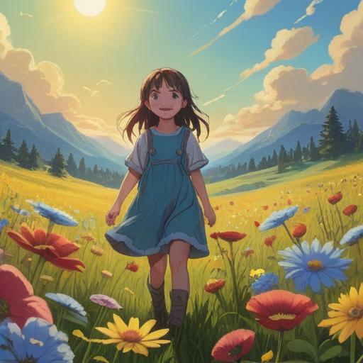 A serene scene depicting a child playing joyfully in a sunlit meadow, surrounded by vibrant wildflowers, gentle breezes, ethereal light filtering through the trees, a sense of wonder and innocence, spiritual symbols subtly integrated into the landscape, a rainbow in the background, evoking feelings of nostalgia and peace, harmonious connection with nature, 4k