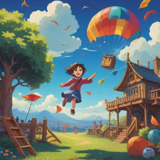 A whimsical scene depicting a child rediscovering joy, colorful playground filled with laughter, vibrant kites flying in the blue sky, children playing games, an adult observing with a smile, nostalgic memories floating around, bright and cheerful atmosphere, 4k