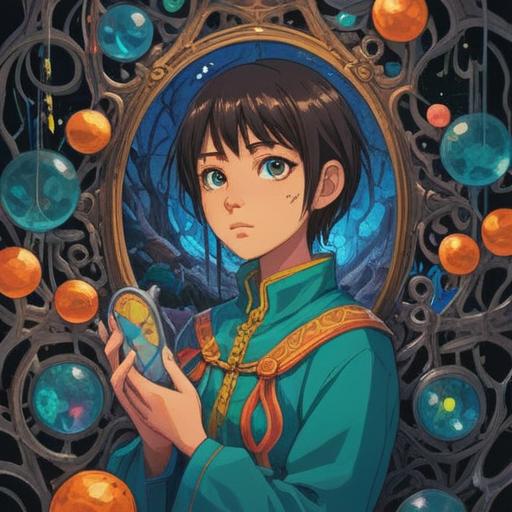 A surreal and thought-provoking illustration, depicting a person looking into a mirror reflecting fractured images of themselves, symbols of spiritual growth around them, contrasting light and dark elements, ethereal atmosphere, vibrant colors representing inner conflict and harmony, mystical patterns in the background, suggesting self-acceptance and enlightenment, 4k