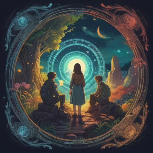 A serene illustration depicting a group of diverse people in a circle, harmoniously speaking in unison, ethereal light surrounding them, symbols of spiritual connection and energy flow, nature-inspired background with gentle trees and flowing water, peaceful atmosphere, vibrant colors, 4k