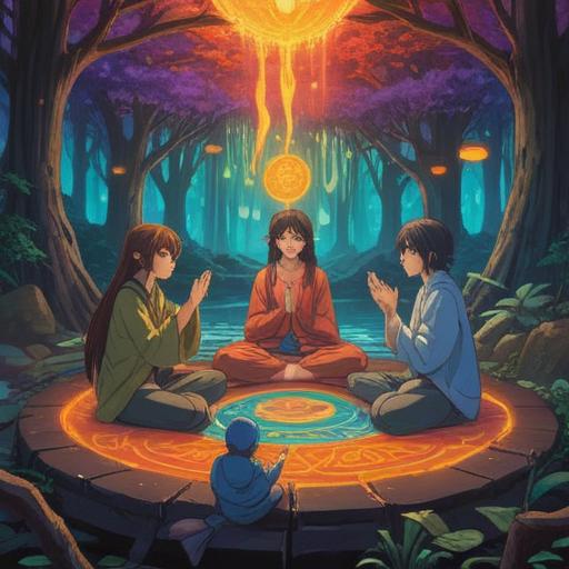 A serene scene depicting a group of individuals in a meditative circle, vibrant energy flowing between them, subtle spiritual symbols in the background, gentle light illuminating their faces, focus on their expressions of understanding and connection, nature setting with soft trees and flowers, ethereal atmosphere, harmonious unity, 4k