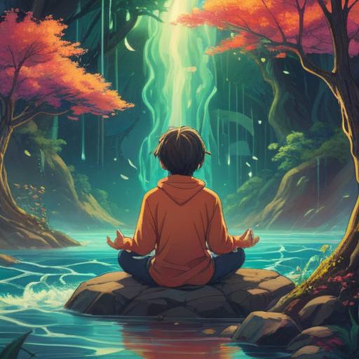 A vibrant illustration of a person meditating in a serene environment, surrounded by flowing energy waves symbolizing their name's essence, ethereal light illuminating their silhouette, nature elements like trees and flowers enhancing the atmosphere, a rainbow of colors emanating from their core, tranquil and empowering vibes, 4k