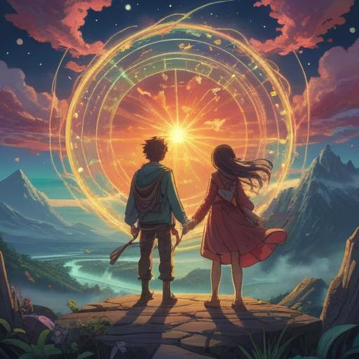 A serene illustration of two ethereal figures connected by a glowing thread of light, sharing a dreamlike landscape filled with celestial elements, vibrant colors, surrounded by swirling stars and mystical symbols, evocative of deep spiritual connection, harmonious energy, tranquil ambiance, 4k