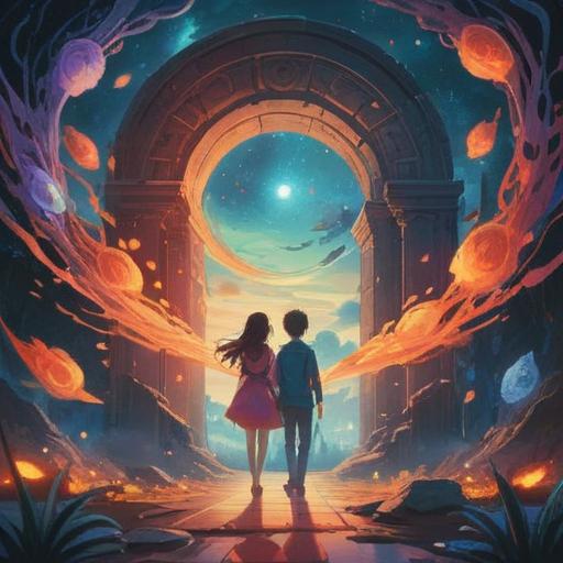 A spiritual encounter between two individuals sharing dreams, glowing symbols in the air, ethereal atmosphere, serene expressions, vibrant colors, connection through shared energy, mystical landscape, gentle light illuminating the scene, dreamlike quality, 4k