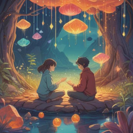 A whimsical illustration of two people sharing their dreams, surrounded by sparkling lucky crystals, a serene landscape with soft pastel colors, the glow of the crystals casting enchanting reflections, a sense of connection and joy, ethereal atmosphere, vibrant details, 4k