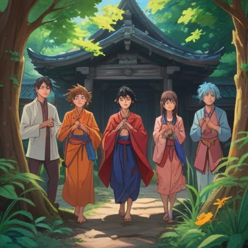 A group of people wearing the same outfit, standing in a serene outdoor setting, symbols of spirituality around them, vibrant colors, harmonious expressions, nature and peace, unity and connection, positive energy, uplifting atmosphere, soft sunlight filtering through trees, 4k