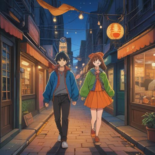 A vibrant illustration of two individuals wearing identical outfits, a serendipitous encounter in a bustling street, whimsical atmosphere, lucky charm items floating around them, bright colors, joyful expressions, detailed urban background, elements of good fortune, 4k