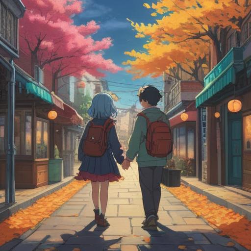 A serene moment capturing two individuals in identical outfits meeting on a whimsical street, a soft breeze gently rustling leaves around them, a vibrant city background filled with colorful storefronts, golden light illuminating their expressions of surprise and joy, subtle hints of luck and fortune in the air, 4k