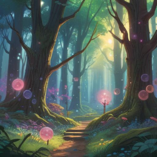 A serene landscape depicting a mystical forest, ethereal light filtering through ancient trees, symbolic elements like crystals and orbs floating in the air, a tranquil river reflecting the sky, a sense of peace and connection to nature, vibrant colors, gentle mist, harmonious atmosphere, 4k