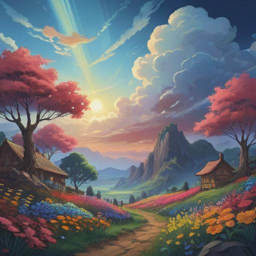 A serene and ethereal scene depicting spiritual signs, luminous light rays breaking through fluffy clouds, gentle nature elements like blooming flowers and a tranquil river, symbols of peace and guidance, an aura of calmness and positivity, vibrant colors reflecting harmony, 4k