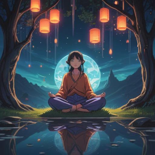 A serene and mystical scene, ethereal symbols illuminating the night sky, a person meditating in tranquility, surrounded by shimmering lights, nature elements like trees and a flowing river, soft glow highlighting spiritual signs, peaceful ambiance, vibrant colors, 4k