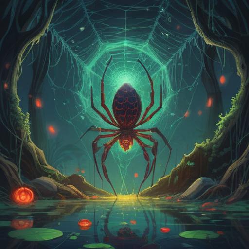 A mystical and spiritual illustration of a recurring spider appearing in different natural settings, symbolizing transformation and connection, intricate web patterns weaving through the scene, soft ethereal light illuminating the spider, the background featuring lush greenery and serene water, depicting harmony between nature and the spiritual realm, vibrant colors, detailed textures, calming ambiance, 4k