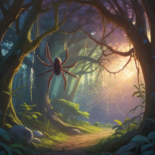 A captivating illustration of a spider peacefully weaving its web, sunlight filtering through trees, representing spiritual signs and positive energy, intricate patterns in the spider's web, serene nature scene, ethereal atmosphere, vibrant colors, harmony with nature, 4k