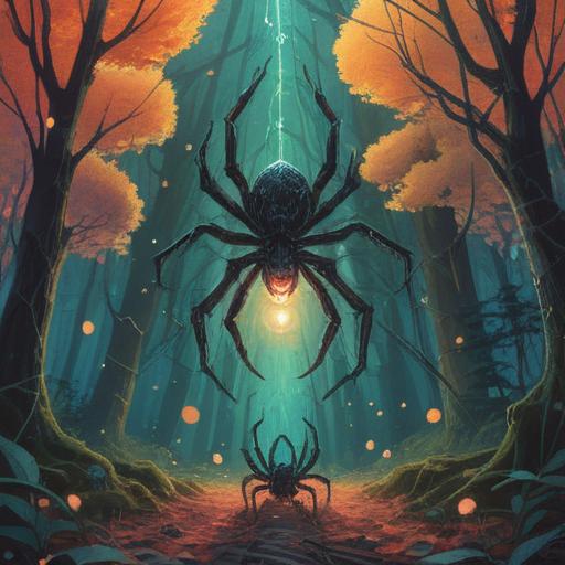 A mystical illustration of a spider appearing in a serene forest, symbolizing spiritual signs, intricate web patterns, ethereal glow surrounding the spider, soft light filtering through the trees, a sense of awareness and caution, nature elements reflecting tranquility, a dreamy atmosphere, wildlife harmonizing with the scene, 4k