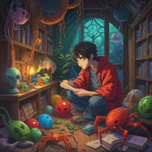 A captivating illustration of a person discovering a series of lucky items after spotting the same spider, magical trinkets scattered around, vibrant colors, enchanted forest setting, soft glimmers of light, whimsical details, a sense of wonder and fortune, intricate patterns on the items, harmonious composition, 4k