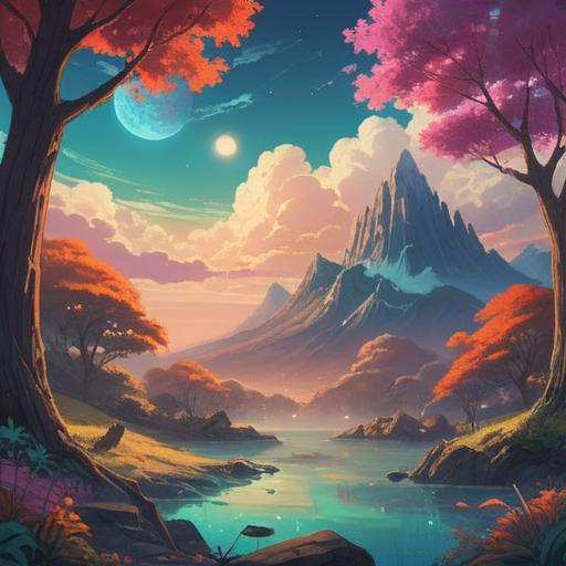 A serene and mystical landscape featuring a repeated geographical location, ethereal ambiance, symbolic elements representing spirituality, vibrant colors reflecting different times of the day, harmonious nature, paths converging at sacred sites, a sense of unity and interconnectedness, 4k