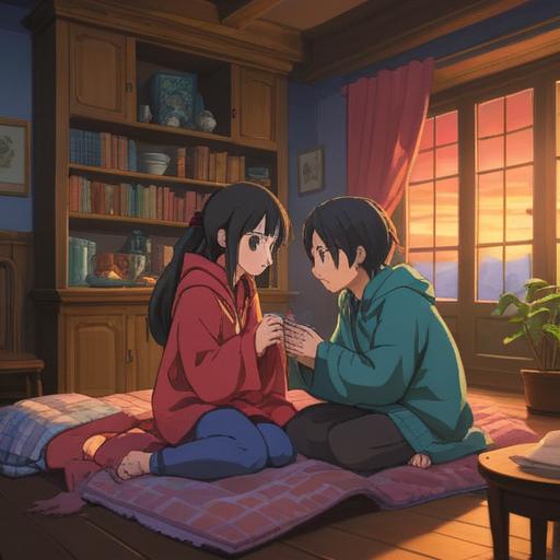 A heartwarming scene depicting two friends comforting each other during a tough time, cozy indoor environment, soft lighting, tea and blankets, emotional support, expressions of empathy, warm colors, detailed faces, feeling of togetherness, 4k