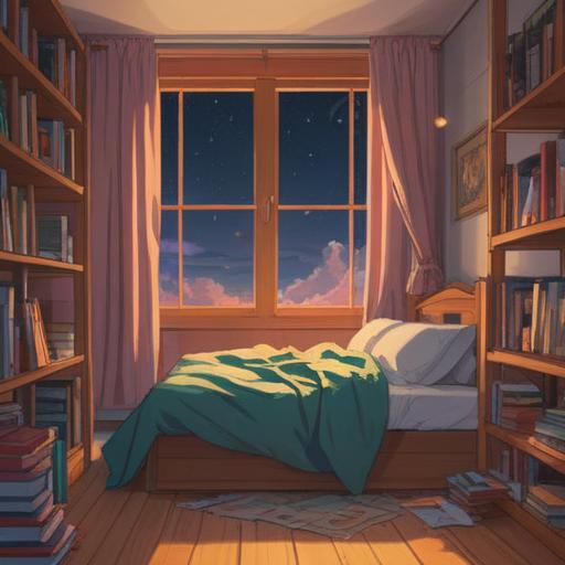A serene scene depicting a person resting in bed, soft sunlight filtering through the curtains, a stack of books by the bedside, a warm cup of tea, gentle reflections of nature outside, a feeling of tranquility and introspection, hints of hope and new possibilities in the air, 4k
