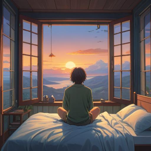 A serene early morning scene, soft dawn light filtering through a window, a person sitting on the edge of a bed looking contemplative, symbols of spirituality like feathers and crystals scattered around, a gentle aura surrounding the person, peaceful atmosphere suggesting introspection, subtle hints of clocks and dreams in the background, 4k